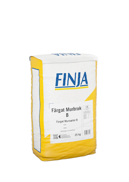Påsen är vit med gula sidor och märkt "FINJA" samt "Färgat Murbruk B" i svart text.