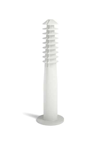 Vit plastpluggsdetalj med räfflad design och en bred bas.