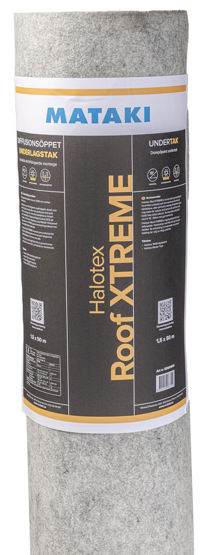 Grå rulle diffusionsöppet underlagstak med text Mataki Halotex Roof Xtreme på etiketten.