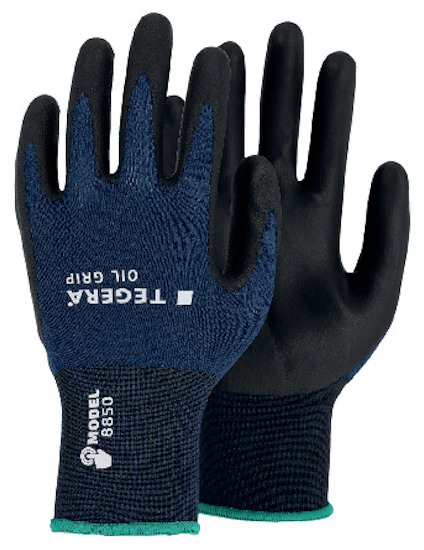 Ett par blå och svarta arbetshandskar med texten "TEGERA OIL GRIP MODEL 8850" på ovansidan.