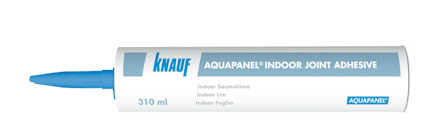 Tube med blå applikator, etikett med text: "KNAUF AQUAPANEL® INDOOR JOINT ADHESIVE 310 ml".