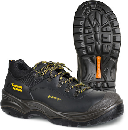 Svart låg skyddssko med snörning och robust sula. Texten "Support System" och "Graninge" är synlig.