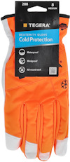 Orange handskar med etikett "Tegera Dexterity Glove Cold Protection", storlek 8, funktioner: vattentäta, vindtäta, allroundarbete.