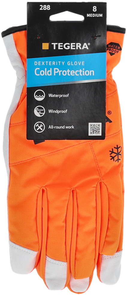 Orange handskar med etikett "Tegera Dexterity Glove Cold Protection", storlek 8, funktioner: vattentäta, vindtäta, allroundarbete.