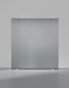 Transparent glass panel with silver clamps at the top and bottom, set against a plain gray background.