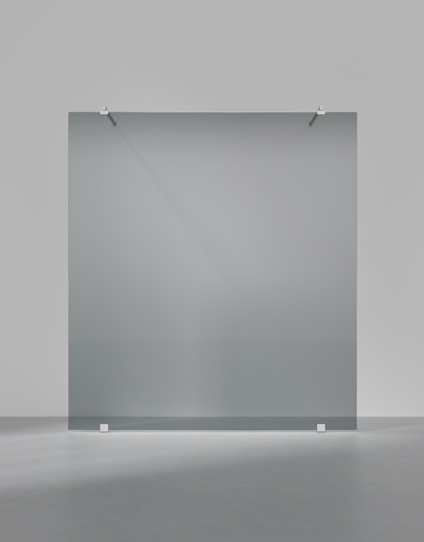 Transparent glass panel with silver clamps at the top and bottom, set against a plain gray background.