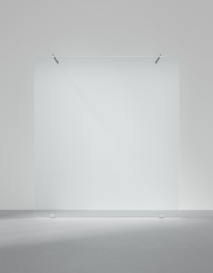 Transparent glass panel against a plain gray background, supported by small metal brackets at the top.