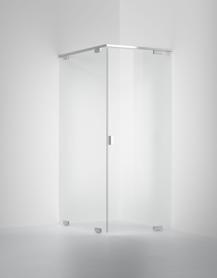 Duschhörn av glas med metallbeslag och transparent dörr i minimalistisk design.