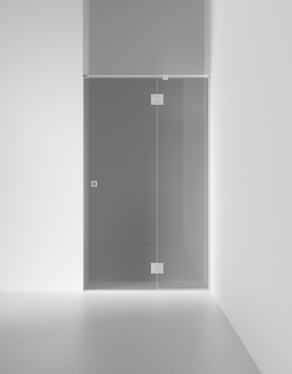 Duschvägg i klarglas med metallgångjärn och beslag, installerad i ett vitt badrum.