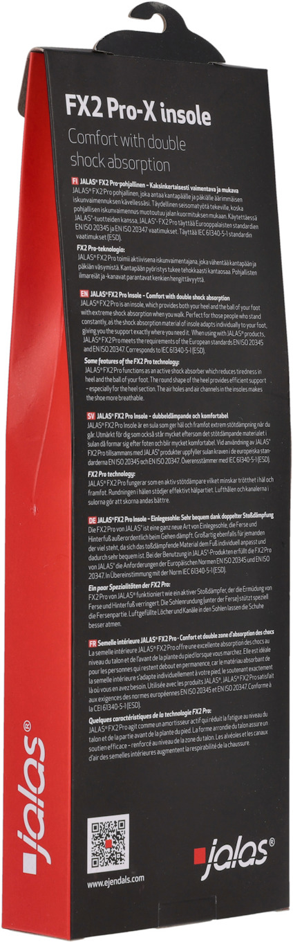 Förpackning med Jalas FX2 Pro-X inläggssulor och text om stötdämpning och komfort.