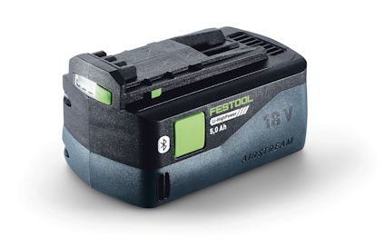 Uppladdningsbart batteripaket med Festool-logotyp, svart och grönt med text "18 V" och "AIRSTREAM".