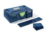 Blå Festool systainer med "100 years" logotyp och buntar av blå monteringsdelar bredvid.