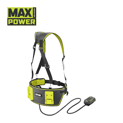 Svart och neonfärgat batteribälte med axelremmar och batterifack. Text: "MAX POWER SYSTEM".