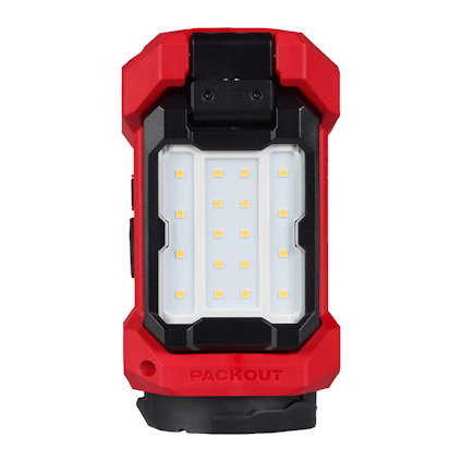 Röd och svart arbetslampa med LED-panel och texten "PACKOUT" längst ner.