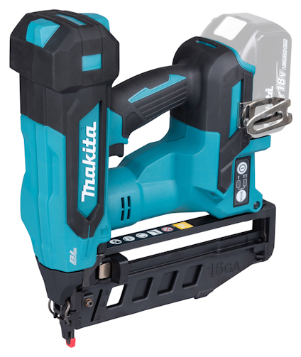 Blå och svart dyckertpistol från Makita med handtag, märkt "18V" och "BL".
