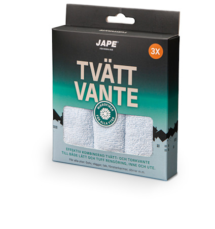 Förpackning med tre vita mikrofibertvättvantar under varumärket Jape, text "Tvättvante" och symbol för miljövänlighet.