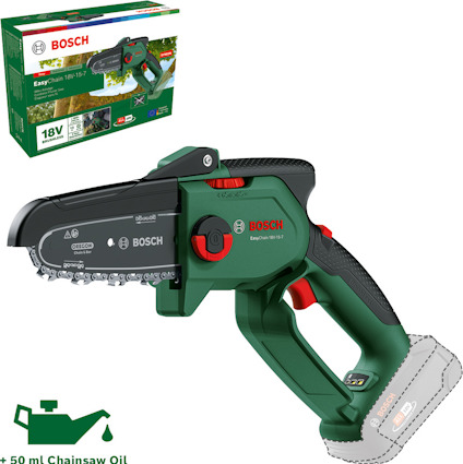 Grön och svart batteridriven motorsåg från Bosch, modell EasyCut 18V-15. Förpackning och ikon för 50 ml kedjeolja syns också.