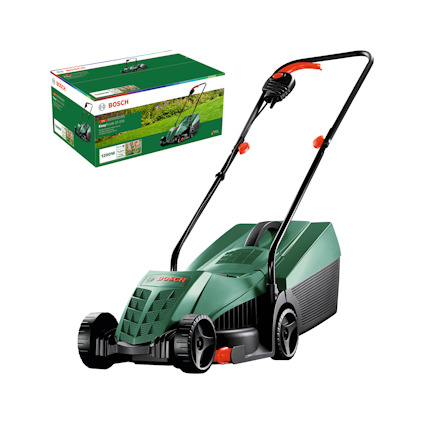 Grön och svart Bosch gräsklippare med uppsamlare framför en kartongförpackning med Bosch-logotyp.