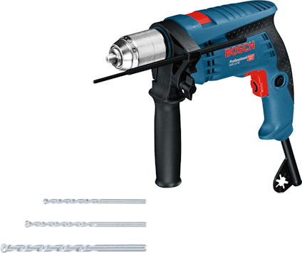 Borrmaskin Bosch Professional blå och svart med två borrbits vid sidan.