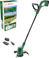 Grön Bosch grästrimmer med rött handtag, batteridriven. Laddare och kartong med produktbild och specifikationer.