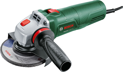 Vinkelslipmaskin av märket Bosch, med grönt handtag och svart sidohandtag.