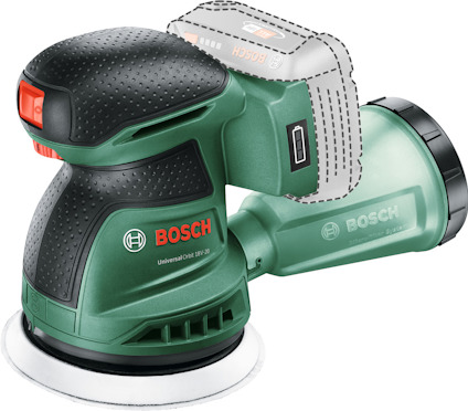 Roterande slipmaskin från Bosch med grön och svart design, batteriplats tydligt markerad.