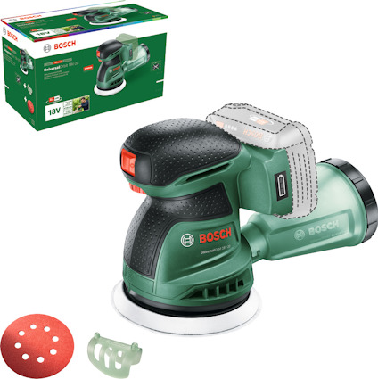 Bosch slipmaskin med batterifäste, slippapper och paketetikett i bakgrunden.