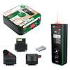 Bosch Zamo lasermätare med tillbehör och förpackning. Visar avstånd, areal, och volym.