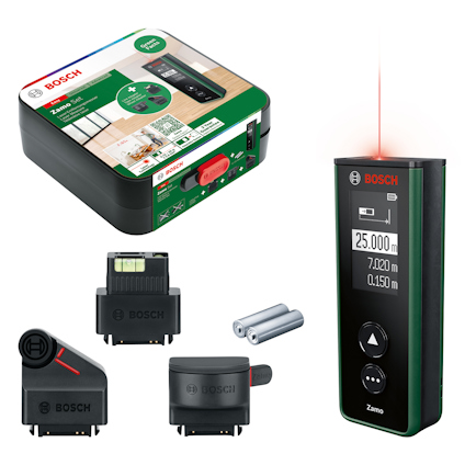 Bosch Zamo lasermätare med tillbehör och förpackning. Visar avstånd, areal, och volym.