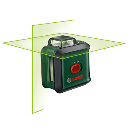 Grön Bosch laserpass med korsande gröna laserlinjer.