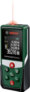 Lasermätare med skärm som visar mätvärden och symboler för Bluetooth och batteristatus, Bosch-logotyp upptill.