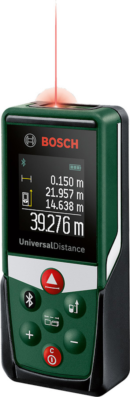 Lasermätare med skärm som visar mätvärden och symboler för Bluetooth och batteristatus, Bosch-logotyp upptill.