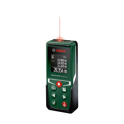 Grön och svart Bosch avståndsmätare visar mätningar i meter på skärmen med en röd laserstråle på ovansidan.