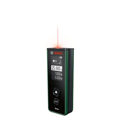 Lasermätare Bosch Zamo, visar 25.000 m med lysande röd laser och svarta knappar.