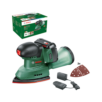 Grön Bosch slipmaskin med laddare, tre triangelformade slippapper och en grön förpackning i bakgrunden.