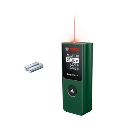 Laseravståndsmätare från Bosch med digital display. Visar "20.000 m" och "7.020 m". Inkluderar två batterier.