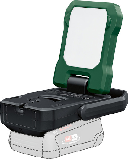 Bärbar arbetslampa med vikbar ljusyta och integrerat batterifack, kompatibel med 18V batterisystem.