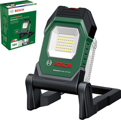 Arbetslampa Bosch UniversalWork 18V-LI med originalförpackning i bakgrunden.