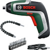 Skruvdragare med Bosch-logotyp, flexibel förlängning, bitssats och laddningskabel.