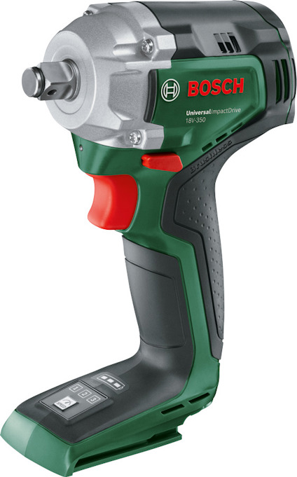 Sladdlös Bosch mutterdragare med grönt och svart handtag, röd knapp, text "UniversalImpactDrive 18V-360".