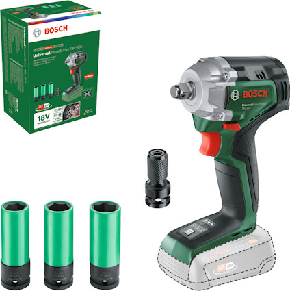 Bosch mutterdragare med tre gröna hylsor och förpackning i bakgrunden.