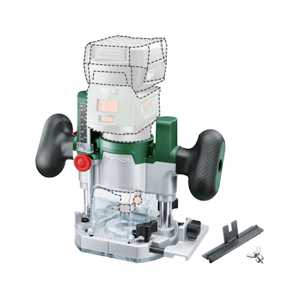 Handöverfräs med två svarta handtag och transparent bas. Bosch-logotyp framtill. Inkluderar tillbehör och skruvar.