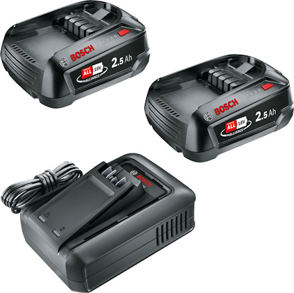 Två svarta batterier med texten "Bosch 18V 2.5 Ah" och en laddare med sladd.