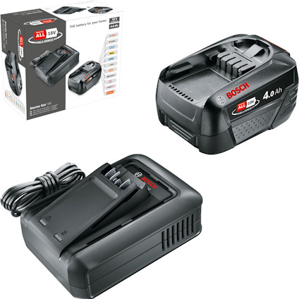 Batteriladdare, 18V 4.0 Ah-batteri och förpackning med Bosch-logo.