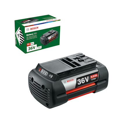 Batteri med svart och röd design märkt "36V 6.0Ah Li-Ion", med förpackning i bakgrunden.