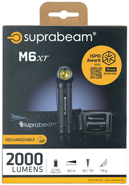 Förpackning till Suprabeam M6xr ficklampa, 2000 lumens, uppladdningsbar, ISPO Award 2023-vinnare.