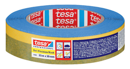 Blå och gul maskeringstejp, märkt "tesa Professional 2in1 Precision Mask", 25 m x 30 mm.