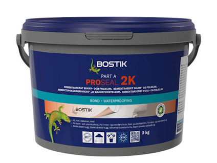 Blå och grå hink med texten "Proseal 2K" och "Bostik" på etiketten. Kapacitet: 2 kg.