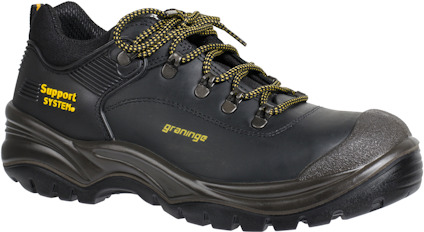 Svart arbetssko med gult snöre, märkt "Support System" och "Graninge". Grov sula och förstärkt tå.