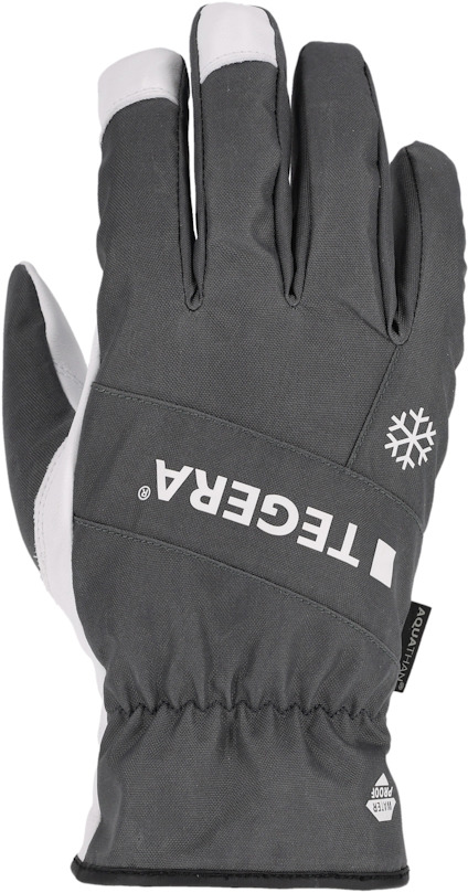 Svart handske med vit text "TEGERA". En snöflinga-ikon syns. Elastisk mudd och vita detaljer längs fingrarna.